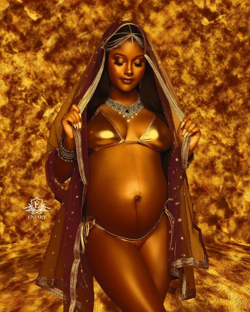 Dramatic gold-painted maternity portrait with body jewelry at Éniary Studio
