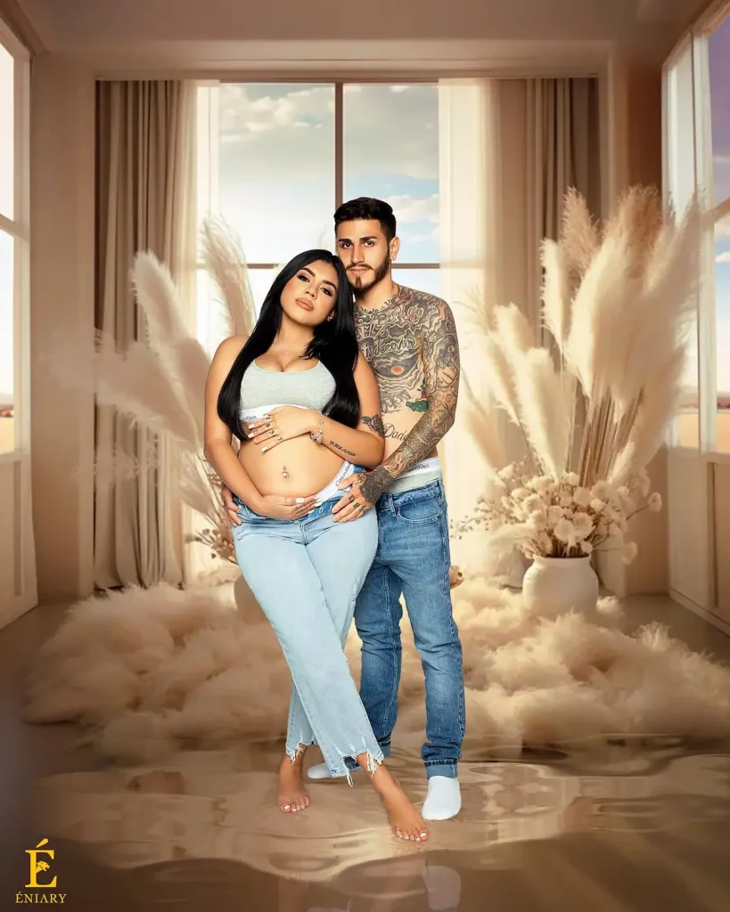 Couple maternity portrait with natural pampas decor at Éniary Studio