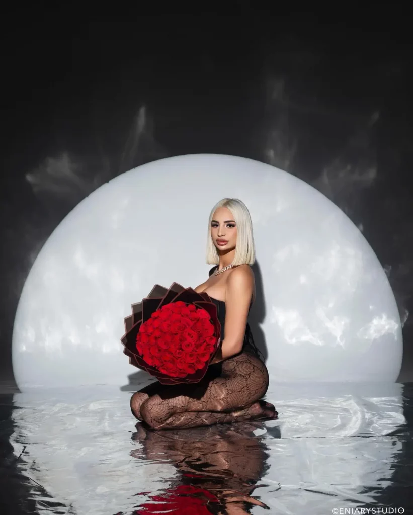 Birthday portrait with roses and reflective floor
