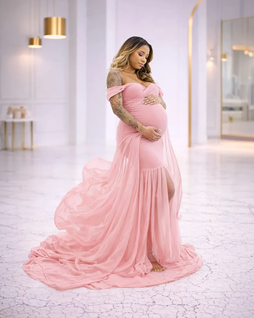 pregnant woman wearing soft blush flowing maternity gown during studio maternity session