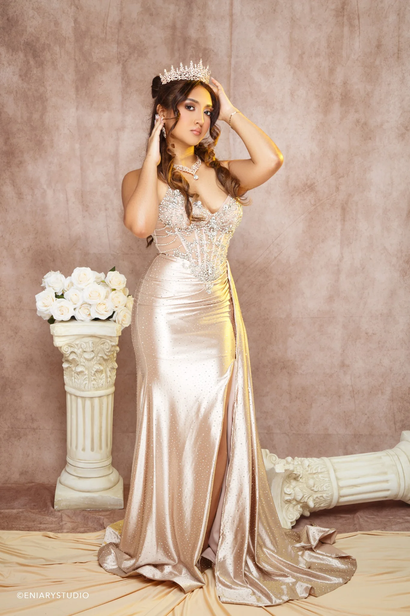 Quinceañera beauty portrait in a champagne gown