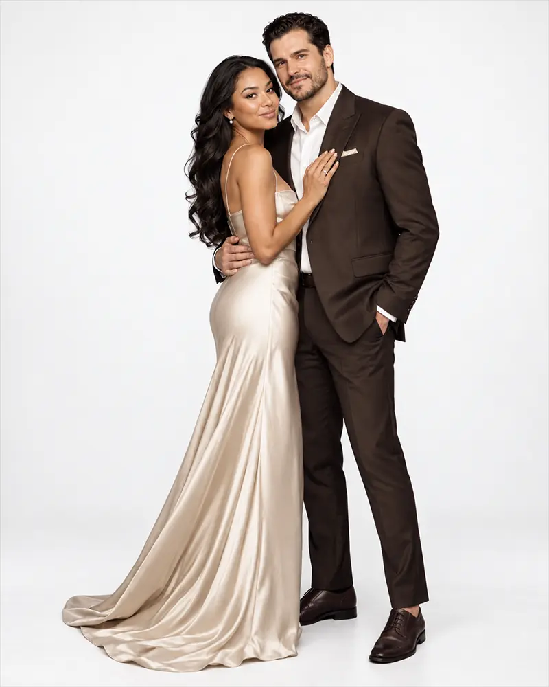 Couple photographed during a studio engagement portrait session at Éniary Studio