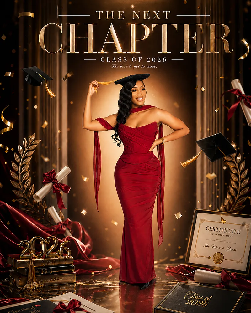 Editorial graduation celebration portrait in red gown