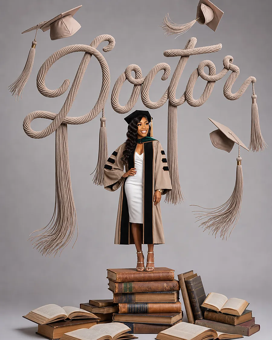 Editorial graduation portrait with books and Doctor typography